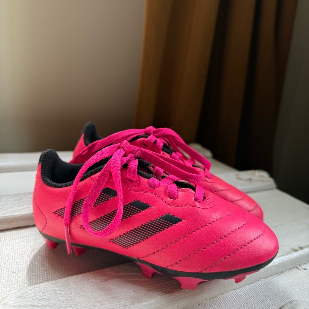 Kids Hot Pink adidas Soccer Cleats with Black Stripes